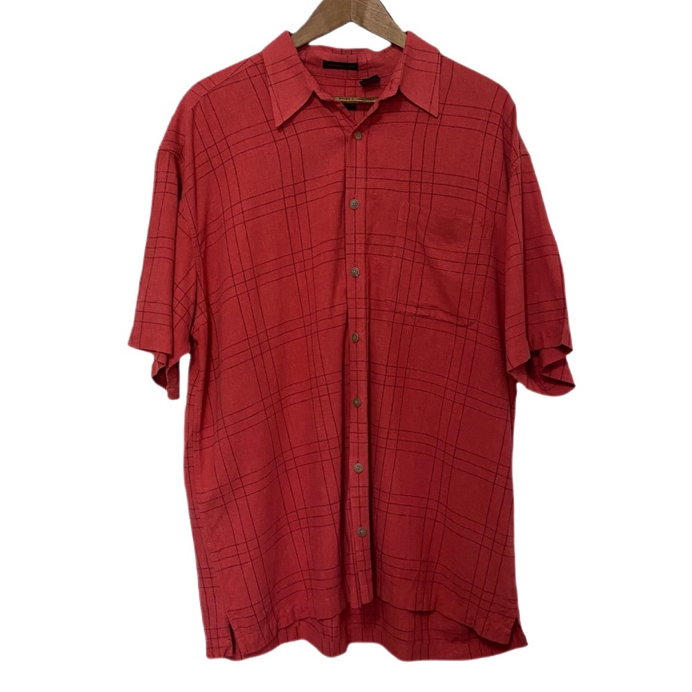 Van Heusen Linen Blend Plaid Button Down Men’s Short Sleeve Shirt Size XLT